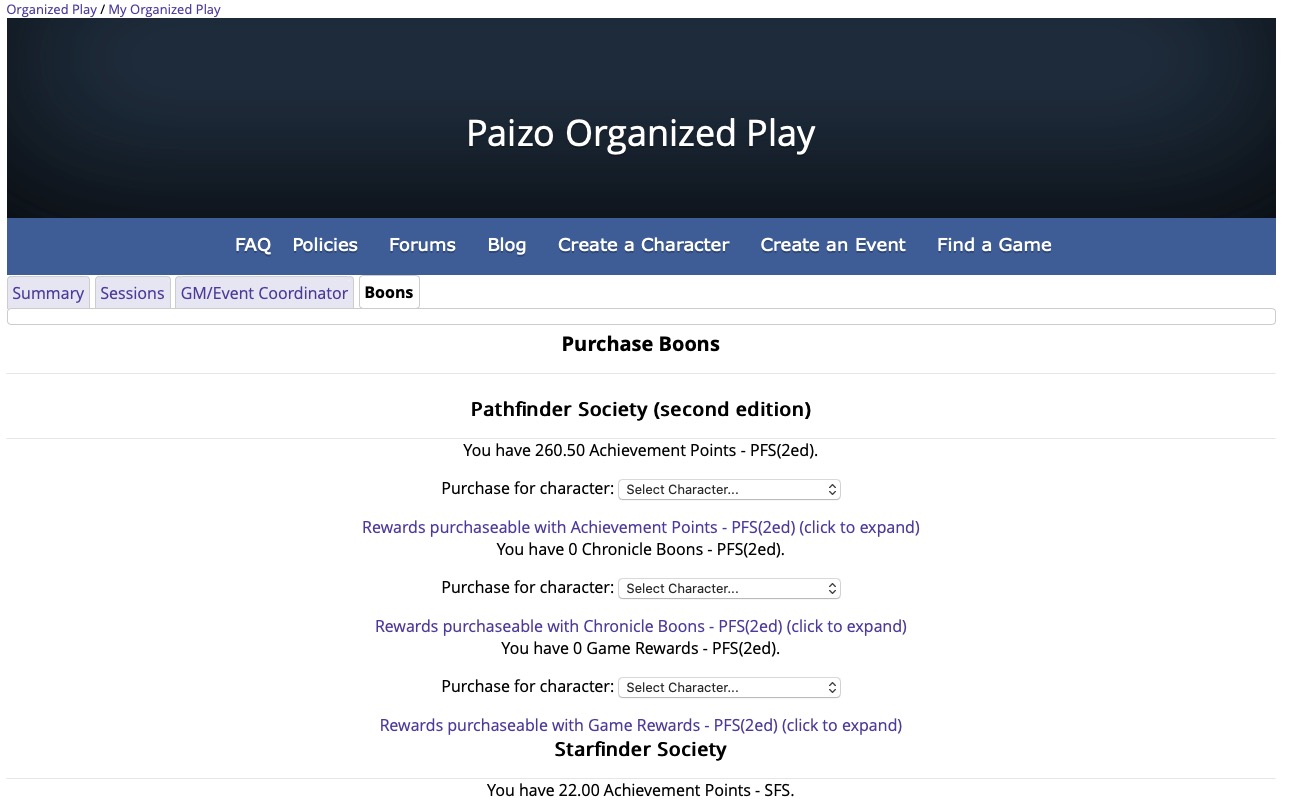 The Boons tab on Paizo's Website